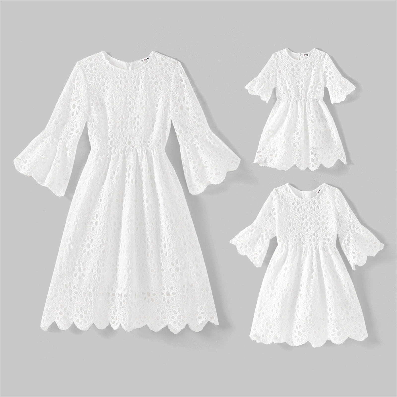 PatPat Mommy and Me White Eyelet Embroidered Lace Long-sleeve Dress