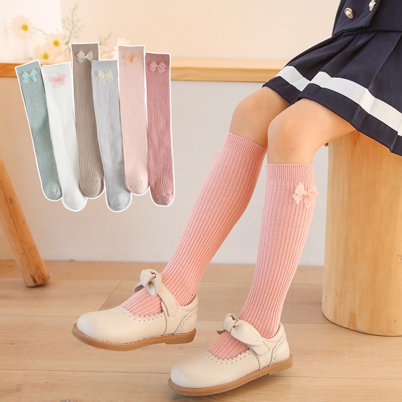 child girls Hollow-out bowknot knee high socks kawaii lace bow over knee socks spring autumn cotton baby over knee long socks