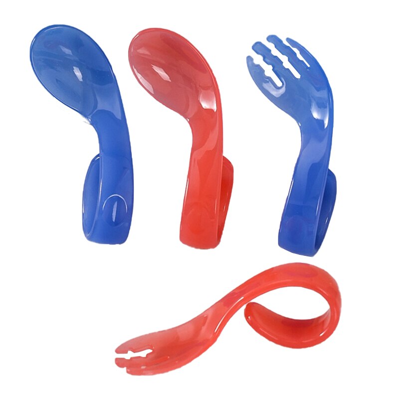 2pcs/ set Temperature Sensing Toddler Learn To Eat Training Spoons Infant Baby Self Feeding Ringed Curved Handle Spoon Fork