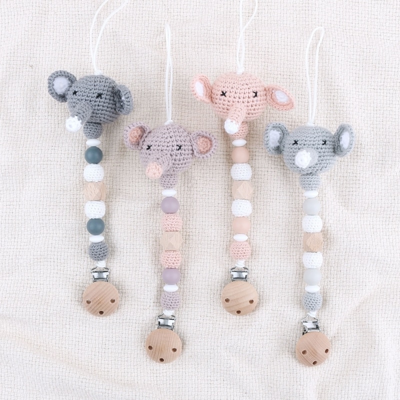 Elephant Pacifier Clip for Boy Girl Handmade Crochet Pacifier Chain Soother Holder Feeding Toy Shower Birthday Gift