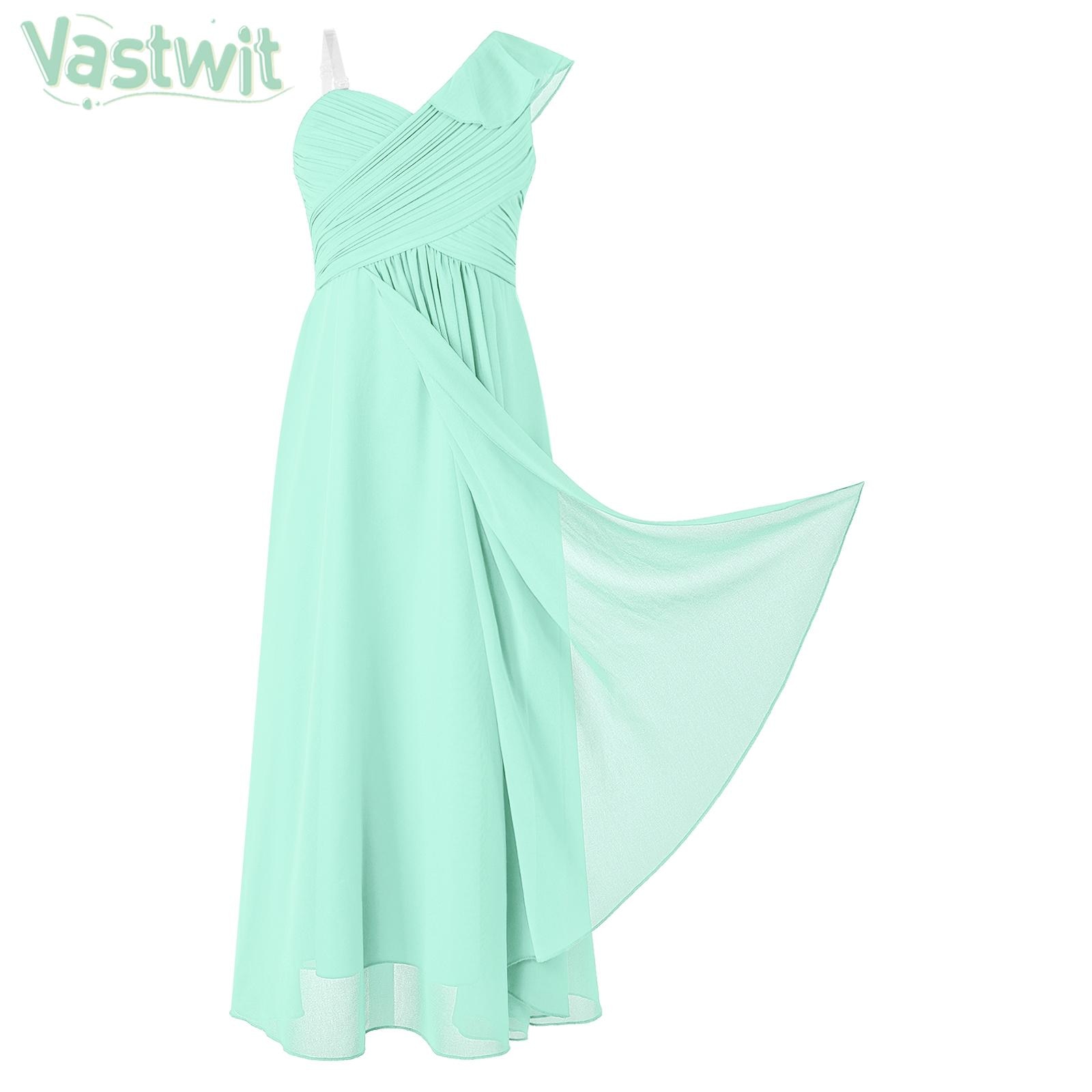 Children Girls Wedding Bridesmaid Dress Birthday Party Evening Prom Gown One-Shoulder Ruffle Ruched Elegant Chiffon Maxi Dress