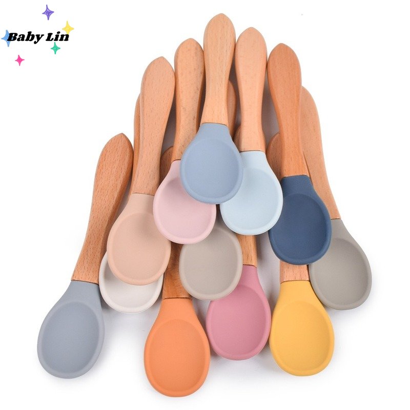 Baby Soft Silicone Spoon Candy Color Safety Baby Learning Wood Spoon Non-Slip Spoon Children Kids Boy Girl Food Feeding Tools