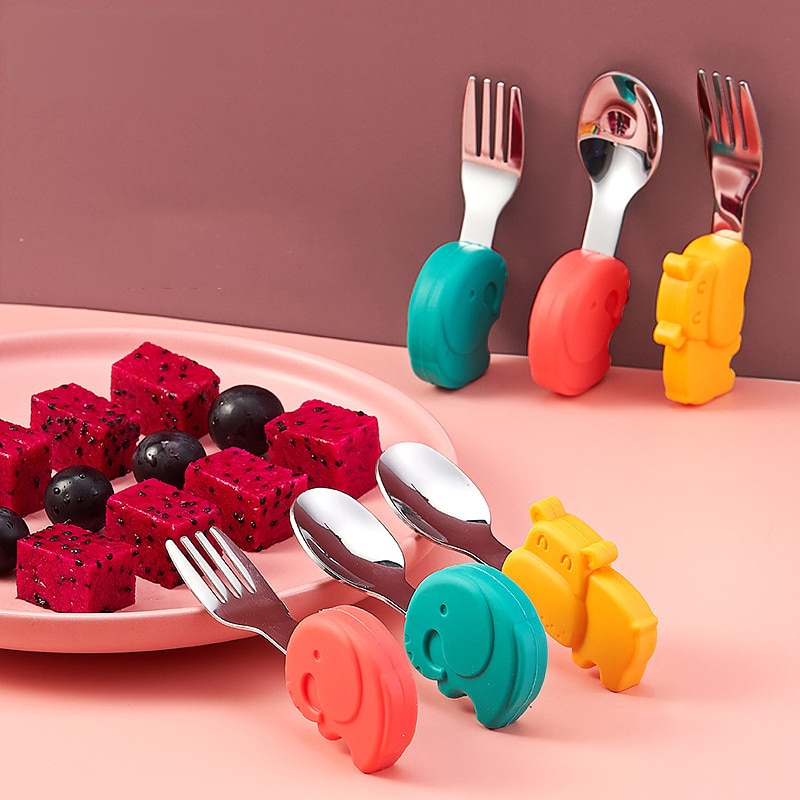 Cartoon Elephant Baby Feeding Cutlery Learn To Eat Training Spoon Stainless Steel Silicone Short Handle Fork Tableware Fork Set