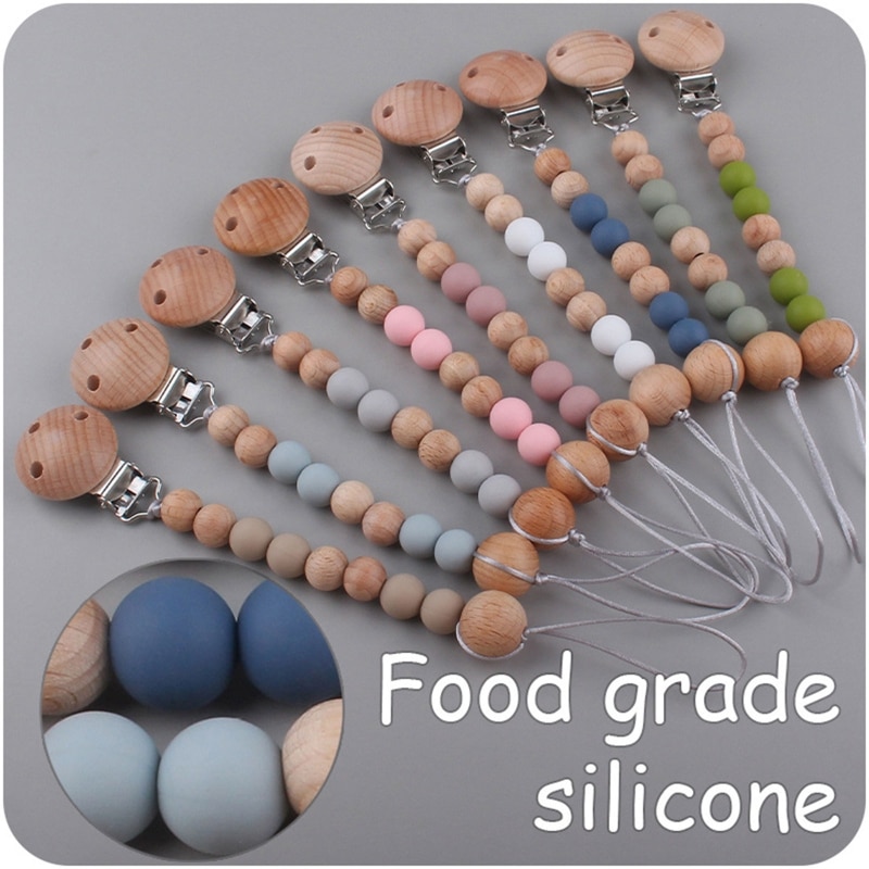 BPA Free Silicone Beads Baby Pacifier Clips Beech Wooden Nipple Clip Holder Newborn Soother Dummy Clip Chain Accessories