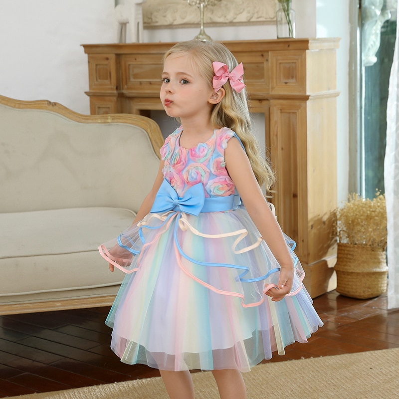Wedding Bridesmaids Princess Ball Gown For Kids Girl Unicorn Flower Tulle Evening Dress 4-10 Years Formal Birthday Banquet Dress