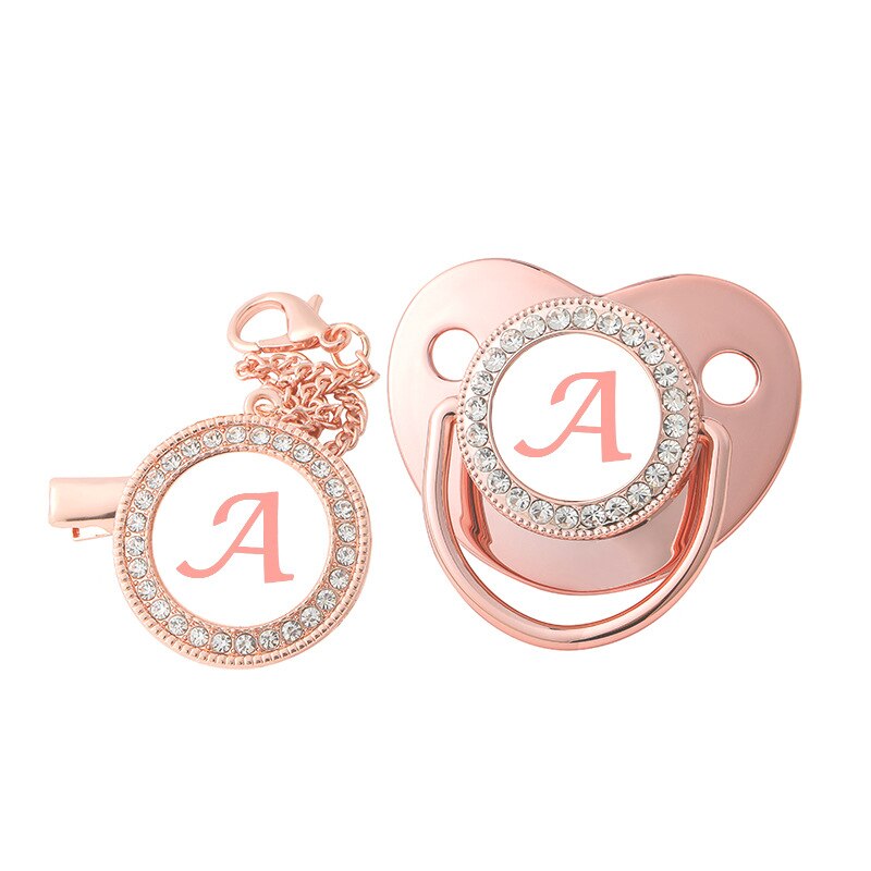 Rose Golden Bling Baby Pacifier Clip 26 Alphabet Letter Infant Pacifier Gold Letter Unique Name Initials Baby Shower Gifts
