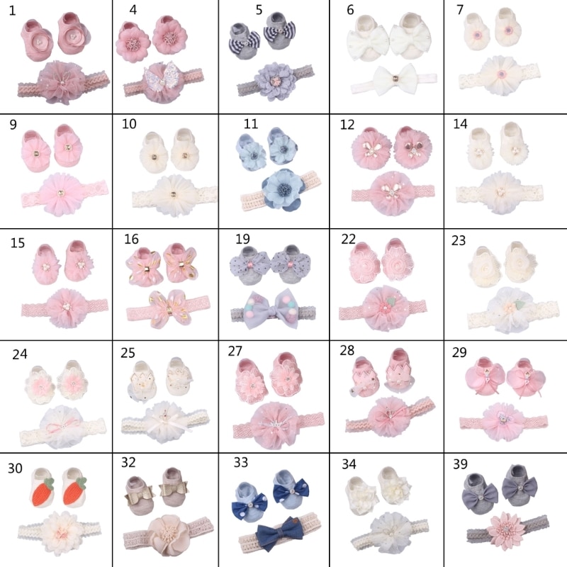 Lace Bows Headband & Floor Socks for Infant Newborn Flower Bow Headdress Baby Floor Socks Elastic Fashion Infant Socks A2UB