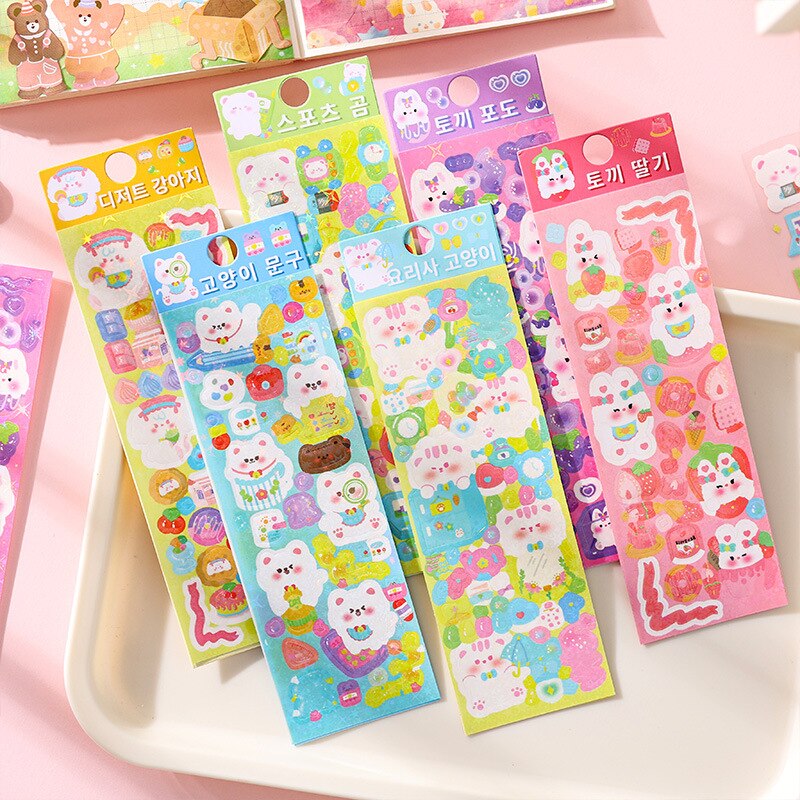 MOHAMM 1 PC PVC Shiny Cute Animals Rabbit Bear Decorative Sticker for Scrapbooking Decorative Diy Craft Background Paper