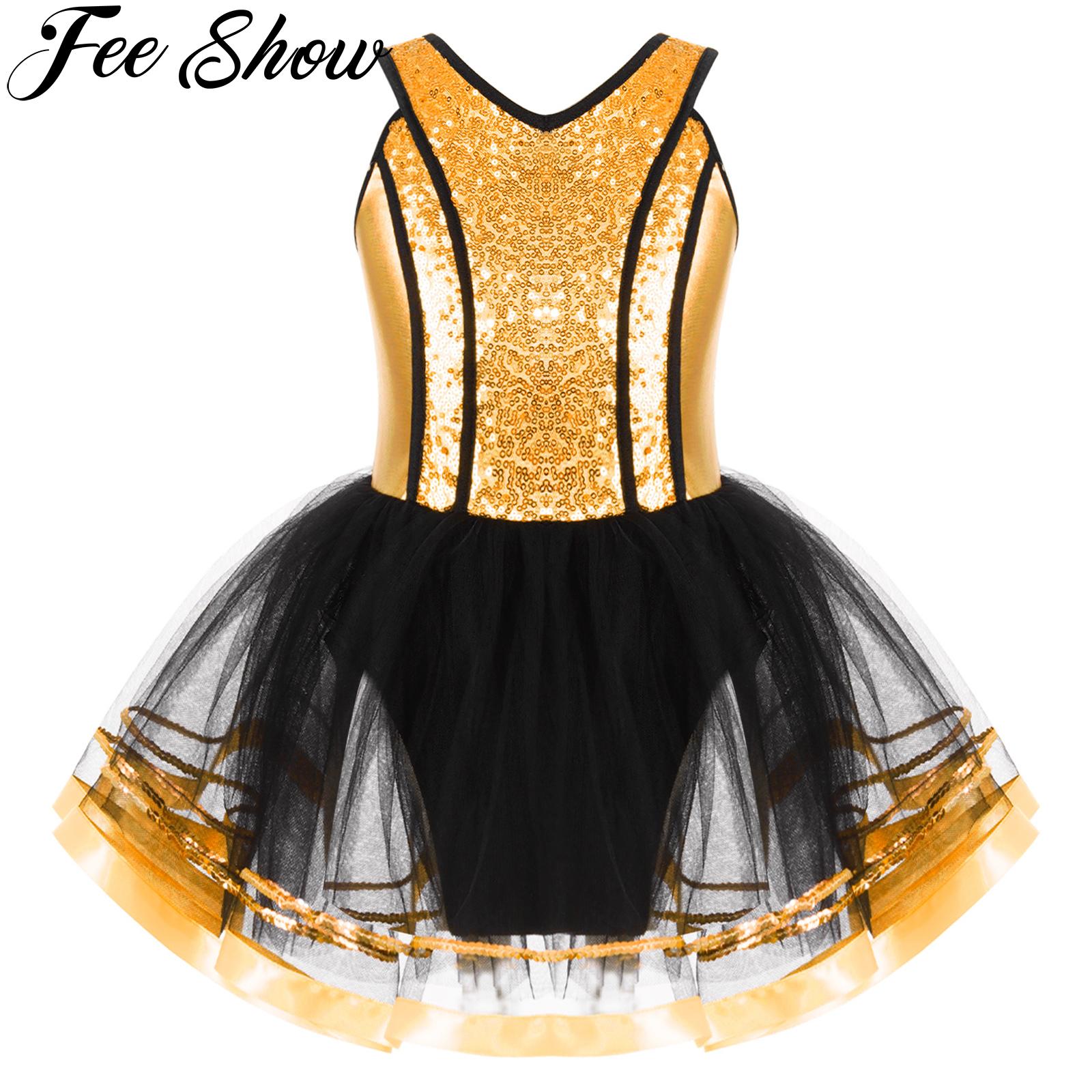 Kids Girls Glitter Sequins Sleeveless Ballet Dance Tutu Dress Gymnastics Leotard Modern Latin Jazz Dancing Performance Costumes