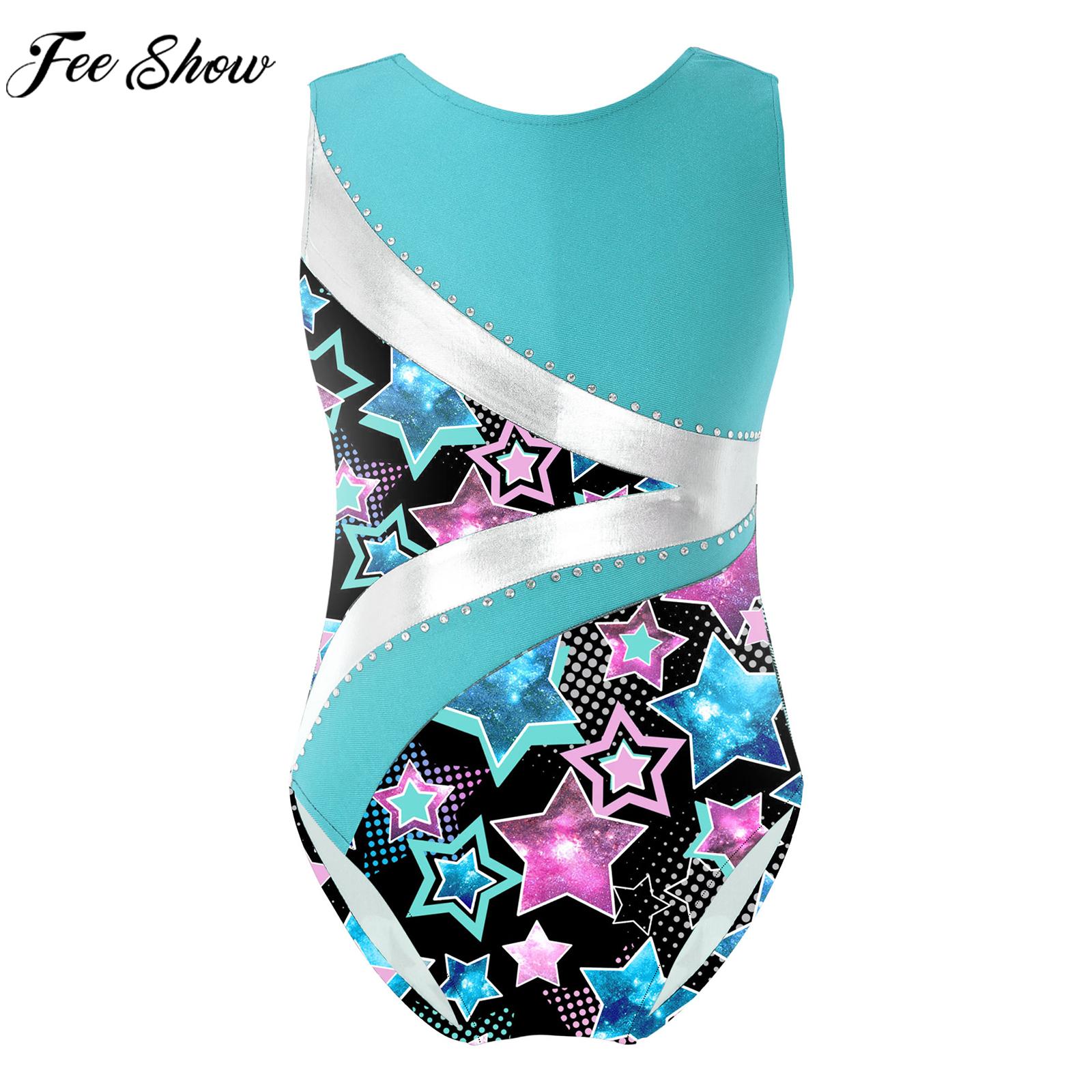 Girls Ballet Dance Leotard Skating Gymnastics Costume Sleeveless Print Shiny Rhinestone Bodysuit Dancewear Sportswear Swimwear