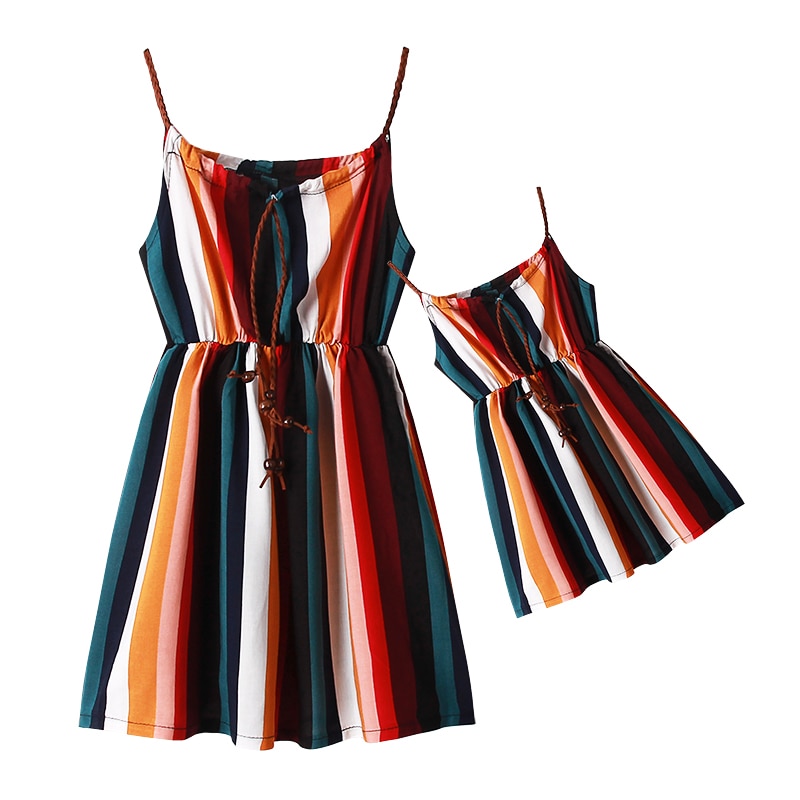 Mother Daughter Matching Clothes Girls Dresses New Summer Family Outfit Suspender Dress with Braided Band Bohemian Beach Dress