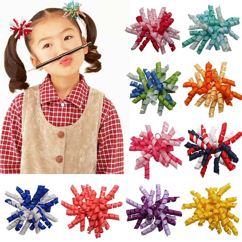 1Pcs Curly Ribbon Hair Bows Clips For Kids Girls Corker Tassel Bobbles Hairpins Accessories Boutique Headwear