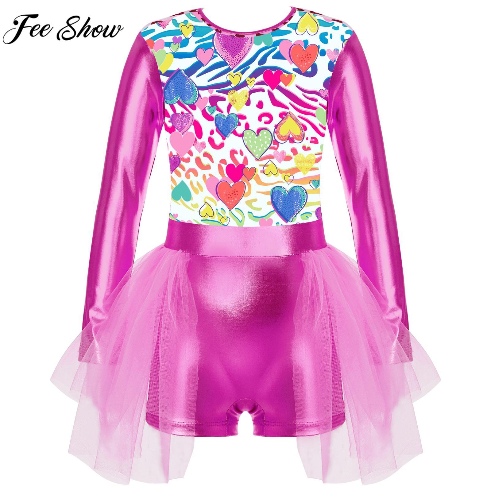 Kids Girls Ballet Dance Tutu Skating Gymnastics Stage Performance Dancewear Long Sleeve Print Bronzing Cloth Mesh Leotard Dress