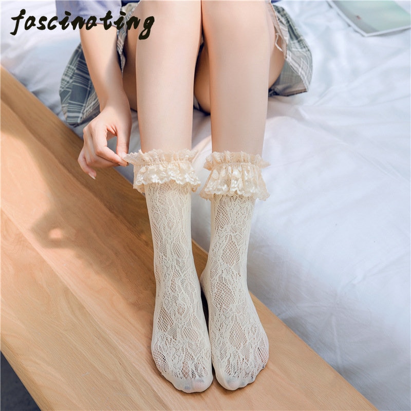 Spring Ladies lolita Soft Sister Student socks women's mid-tube white Lolita lace lace sock short tube girls thin style jk 