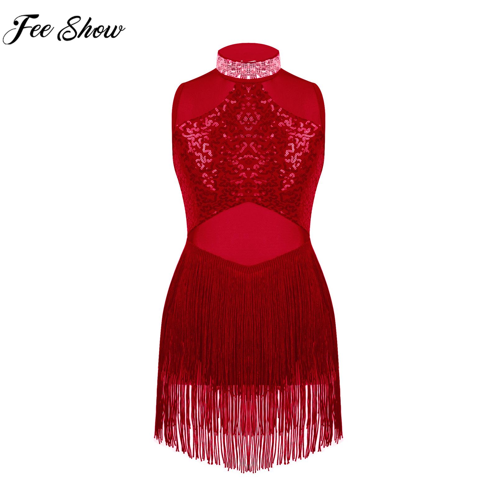 6-16Y Girls Figure Skating Ballet Leotards Dress Sleeveless Rhinestone Sequin Sheer Mesh Tassel Hem Dancewear for Jazz Dance