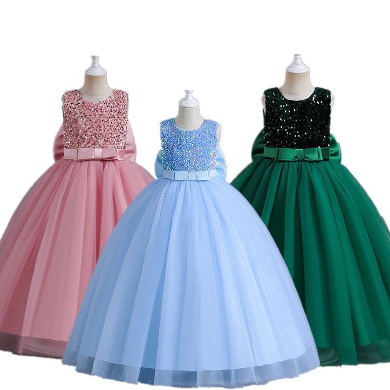 Teenage Girl Party Dress Blue Sequin Bow Formal Gala Long Gown Bridesmaid Wedding Ceremony Costume Kids Birthday Princess Cloth