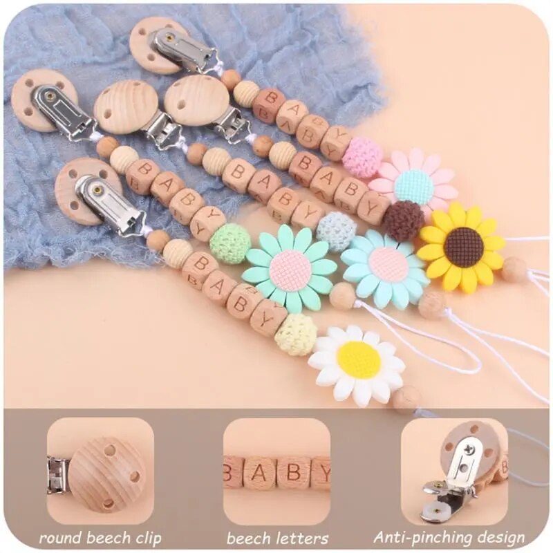 Baby Unique FLOWER Pacifier Chain Clip Dummy Nipples Holder Clips Wooden Nipple Clip Silicone Teething Chain Toy Gifts