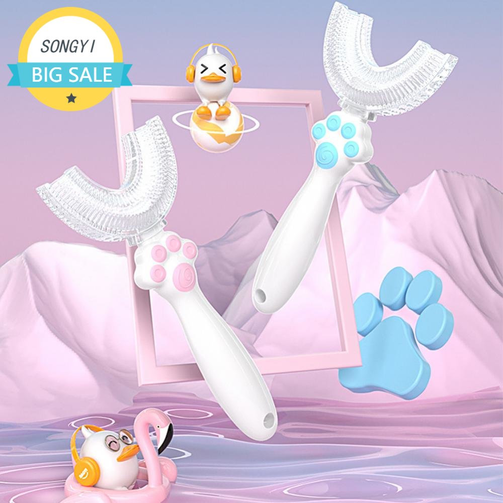 Cartoon Cat Paw Baby Toothbrush Children 360 Degree U-shaped Toothbrush Teether Oral Care Cleaning Soft Silicone Toothbrush 2-5Y