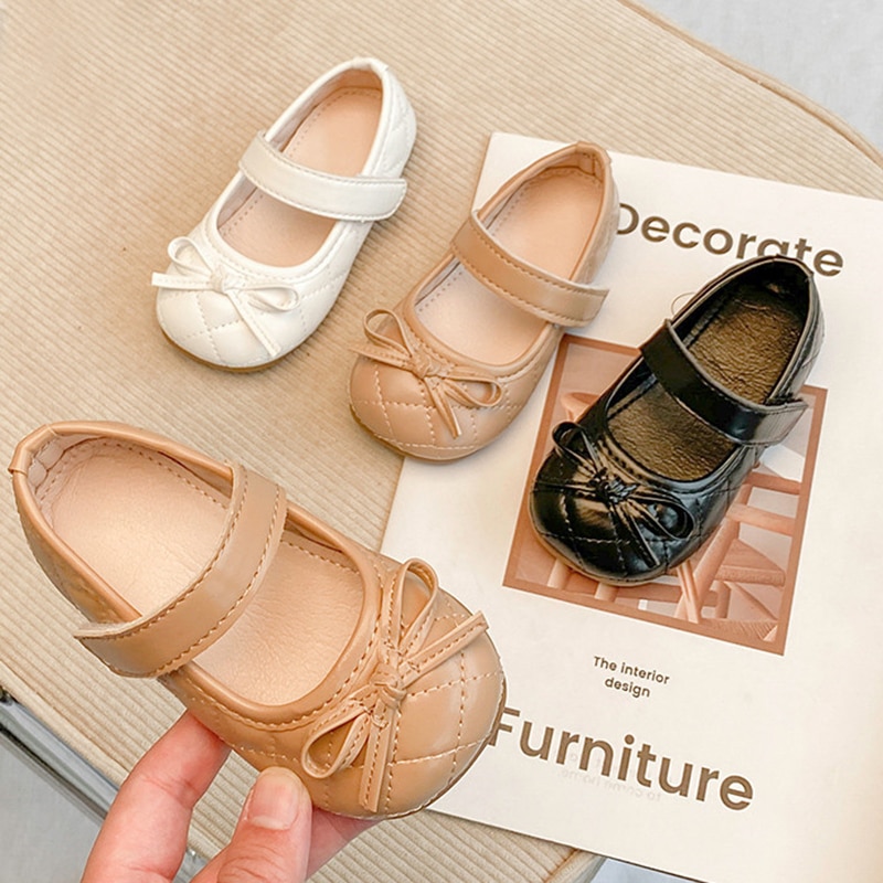 Girls' Solid Color Leather Shoes 2023 Spring and Autumn Student Bow Casual Pumps Medium and Large Princess Shoes Children&a