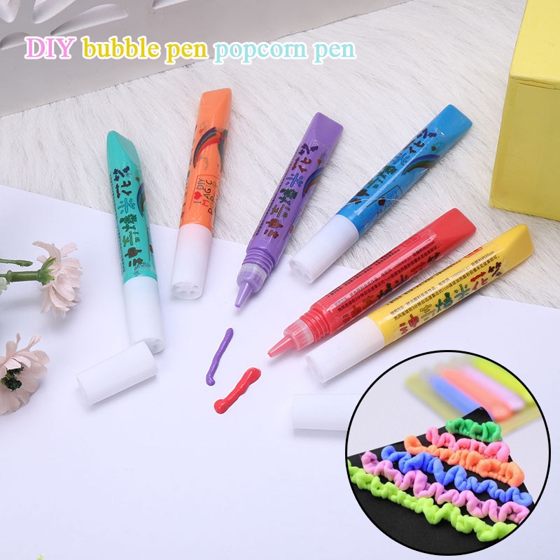 6Pcs Magic Popcorn Pens 3D Art Safe Pen for Greeting Birthday Cards Kids Drawing Brushes Kawaii Cute School Suplies