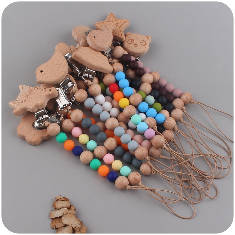 Beech Wood Chew Bead Pacifier Clips Dummy Chain Holder Newborn Soother Chains Nipple Holder For Babies Teething Toy Baby Chew