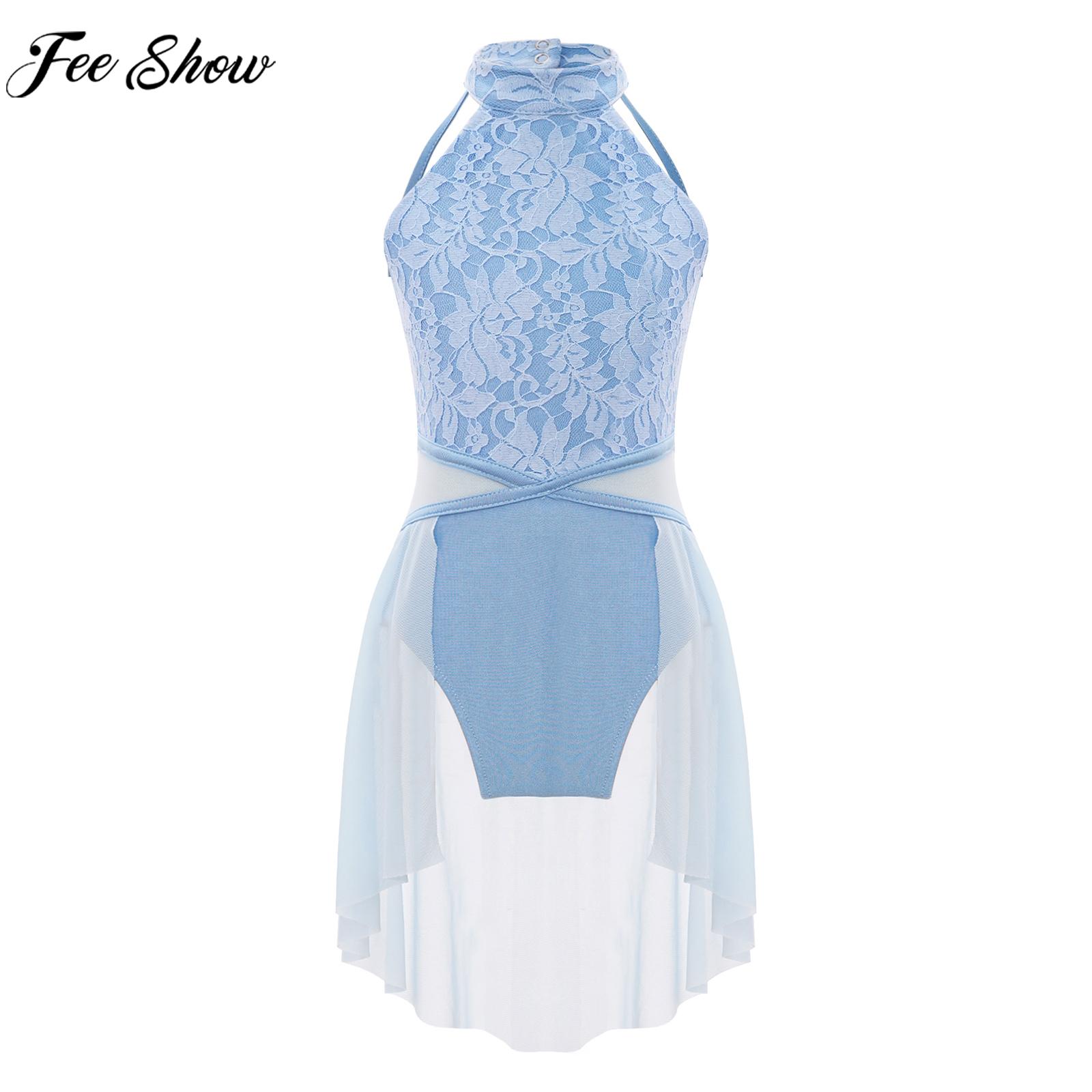 6-16Y Girls Lyrical Dance Dress Ballet Gymnastics Ice Skating Leotard Lace Floral Irregular Hem Dancewear for Stage Performance