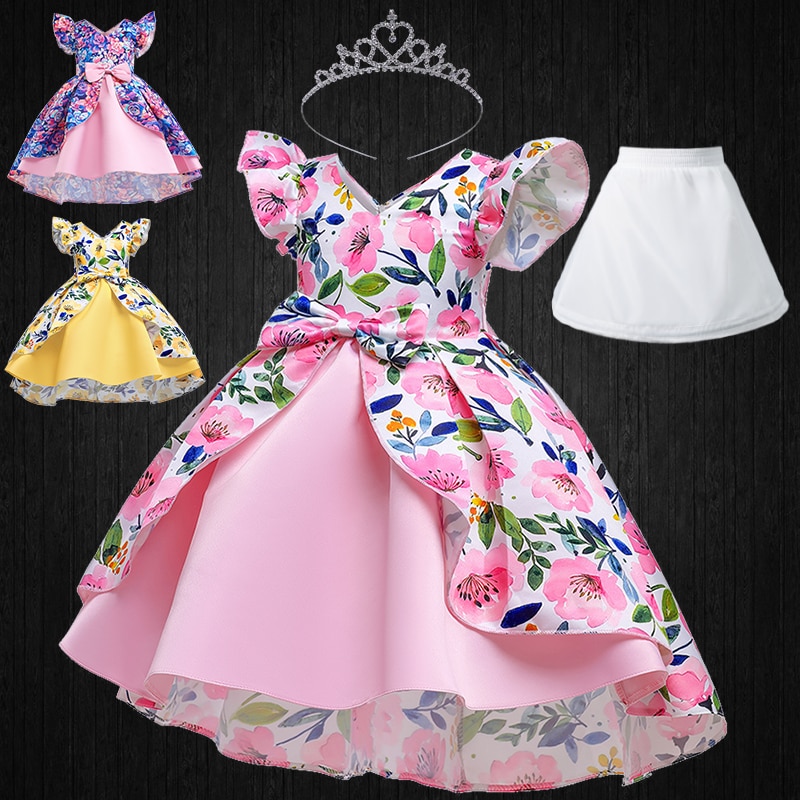 2023 New Floral Dress for Girls Ruffle Style Cocktail Dresses Children's V-neck Flowers Flying Sleeve Birthday Party Clothi
