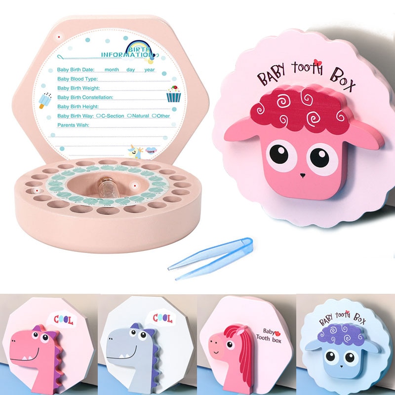 New Cartoon Wooden Baby Tooth Box English Milk Teeth Umbilical Organizer Storage Boys Girls Souvenir Case Baby Gifts