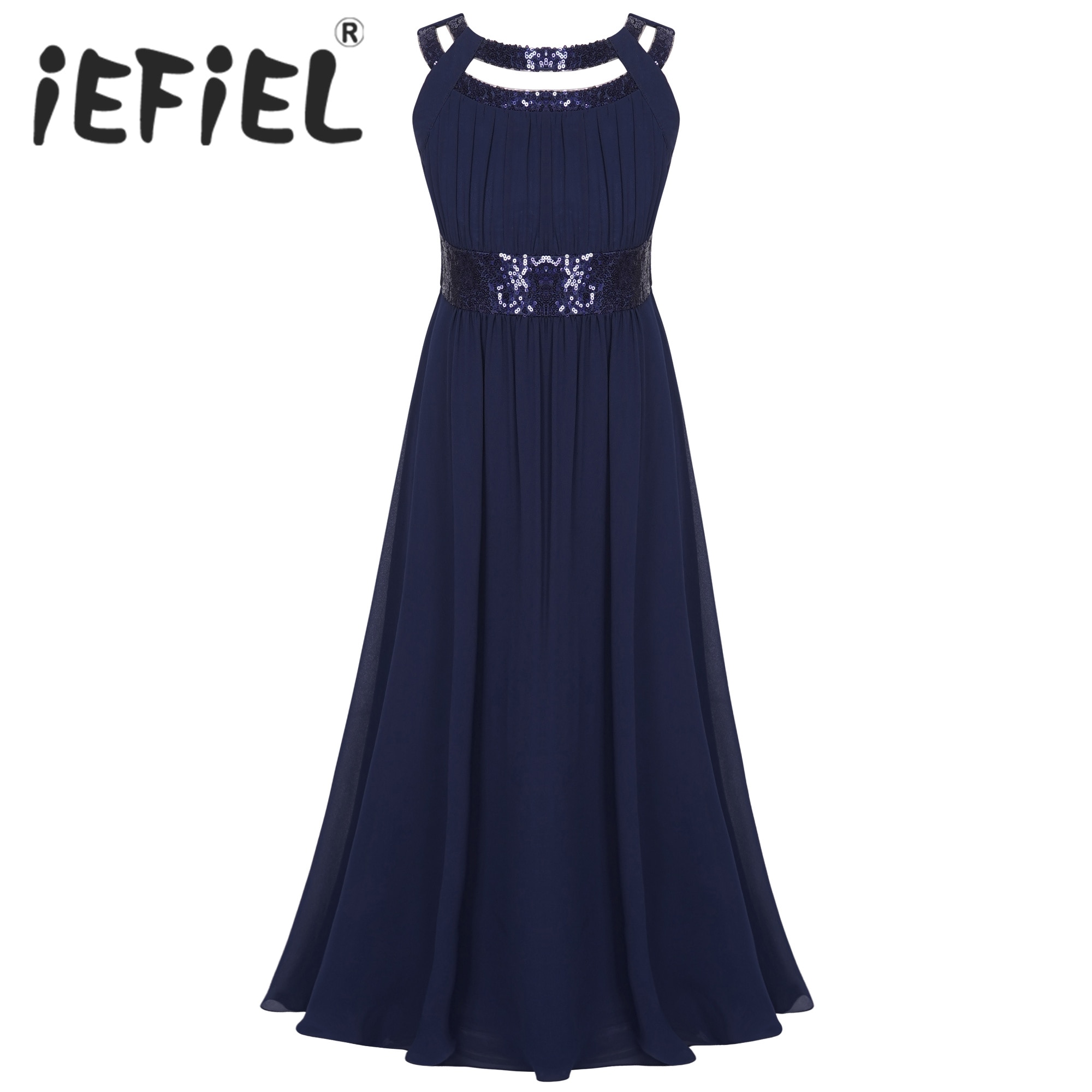 Flower Girls Dress Sequins Cutout Summer Chiffon Sleeveless High Waist Wedding Evening Bridesmaid Tulle Dress for Birthday Party