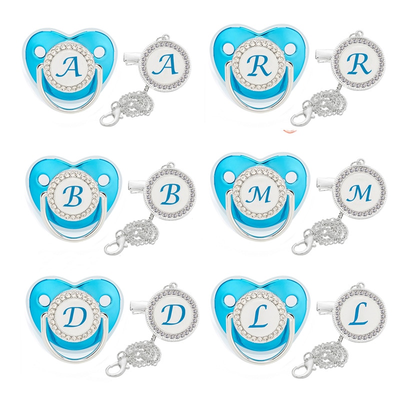 Name Initial Letter Baby Pacifier Clip Blue Bling Pacifiers Chain Holder BPA Free Silicone Soother Nipple Dummy Baby Shower Gift