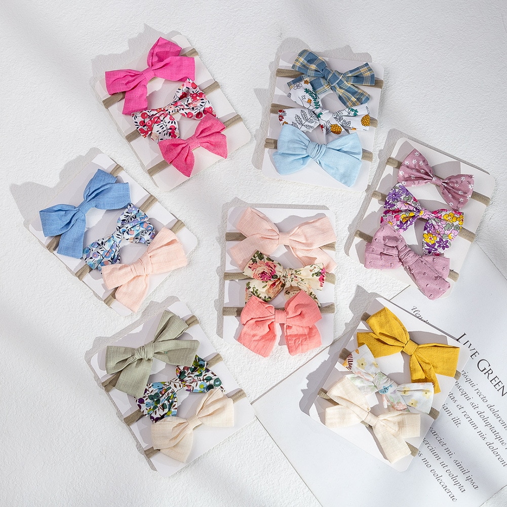 3Pcs/Set Soft Baby Bows Headband girl Floral Printing Plaid Headbands For Children Elastic Band Cotton Sweet Toddler Accessories
