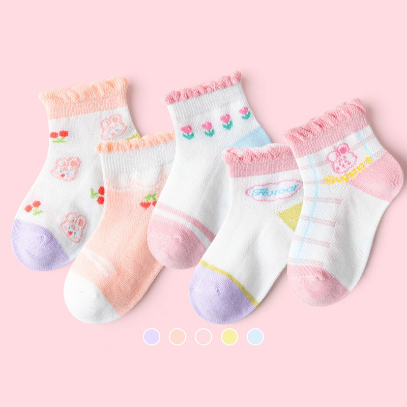 5 Pairs/Lot Children Cotton Socks Cartoon Fashion Mesh For 2023 New 1-12 Year Spring Summer Kids Teen Student Boy Girl Baby Sock