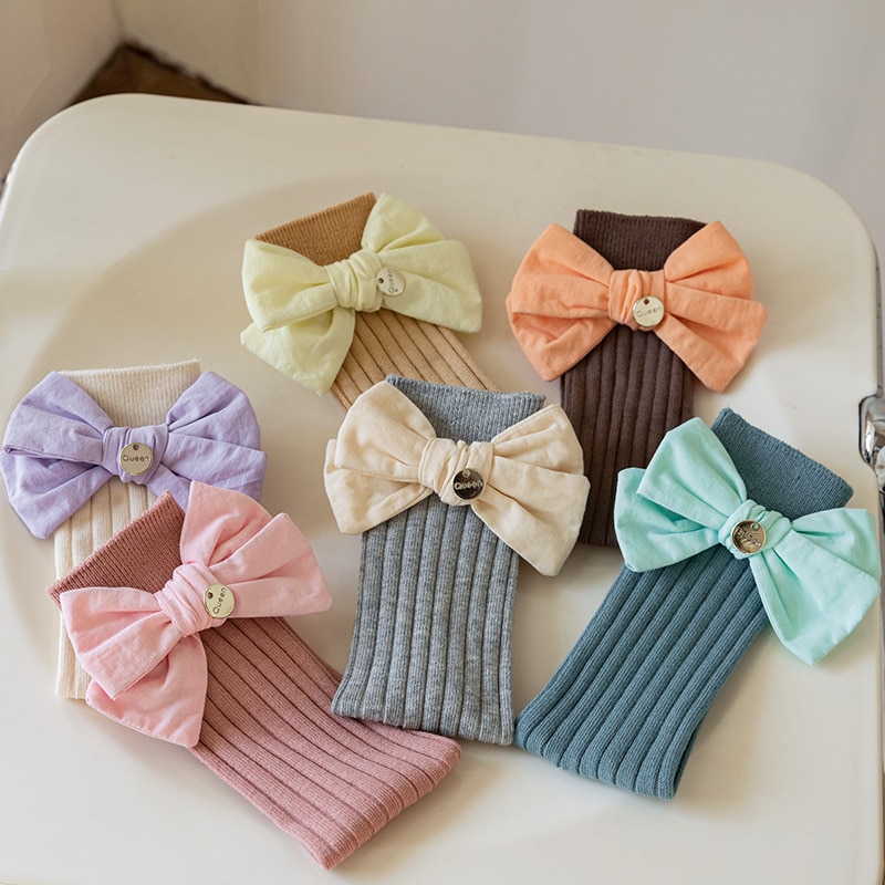 Little Girls Socks Children Spring Summer Princess Socks Bow Sock Double Needle Solid Calf Knee Length