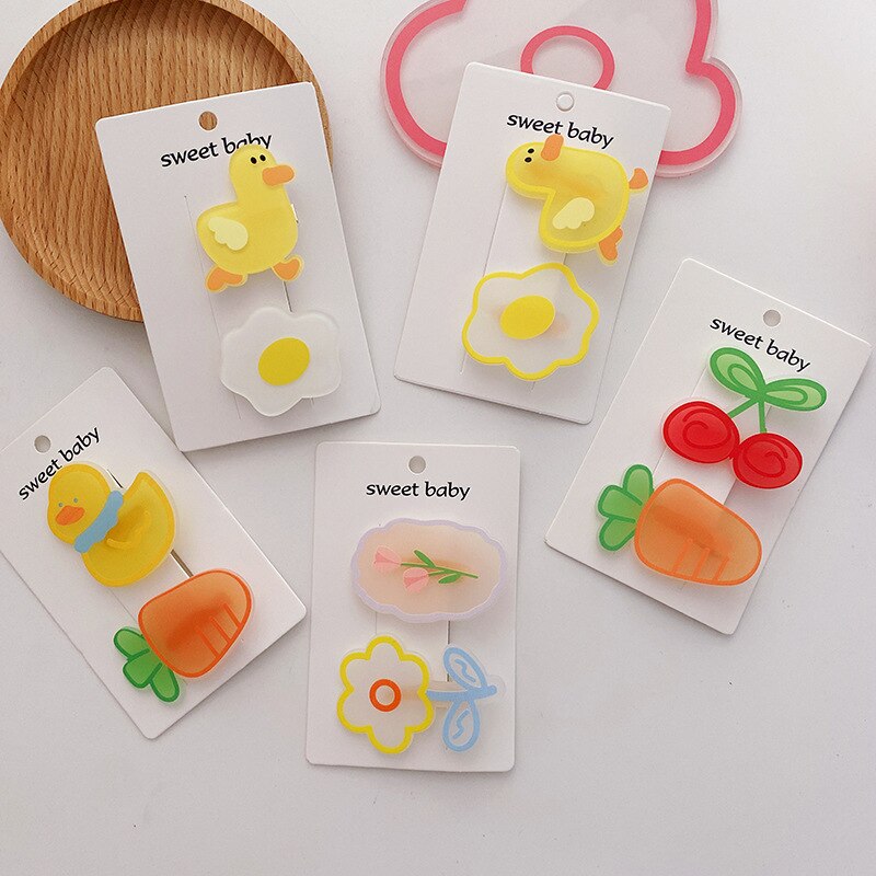 2Pcs Acrylic Cartoon Duck Side Clips Flower Hairpin Girls Hair Accessories Headwear Baby Hair Clip Kids Headwear