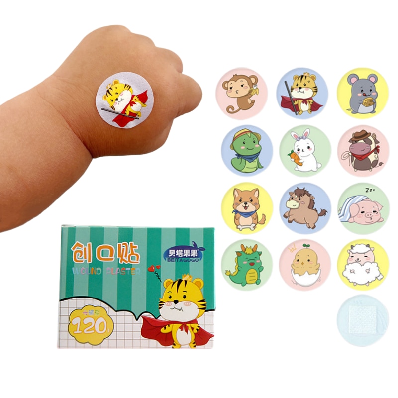 120pcs Cartoon Animal Pattern Round Band Aid Hemostasis Adhesive Bandages First Aid Emergency Kit Wound Plaster Patches for Kids