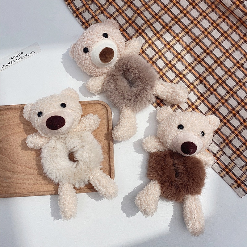 Women Girls Lovely Scrunchies Cute Bear Hair Band Imitation Rabbit Fur Hair Rope Soft Warm Rubber Band Pretty Hair Accessories
