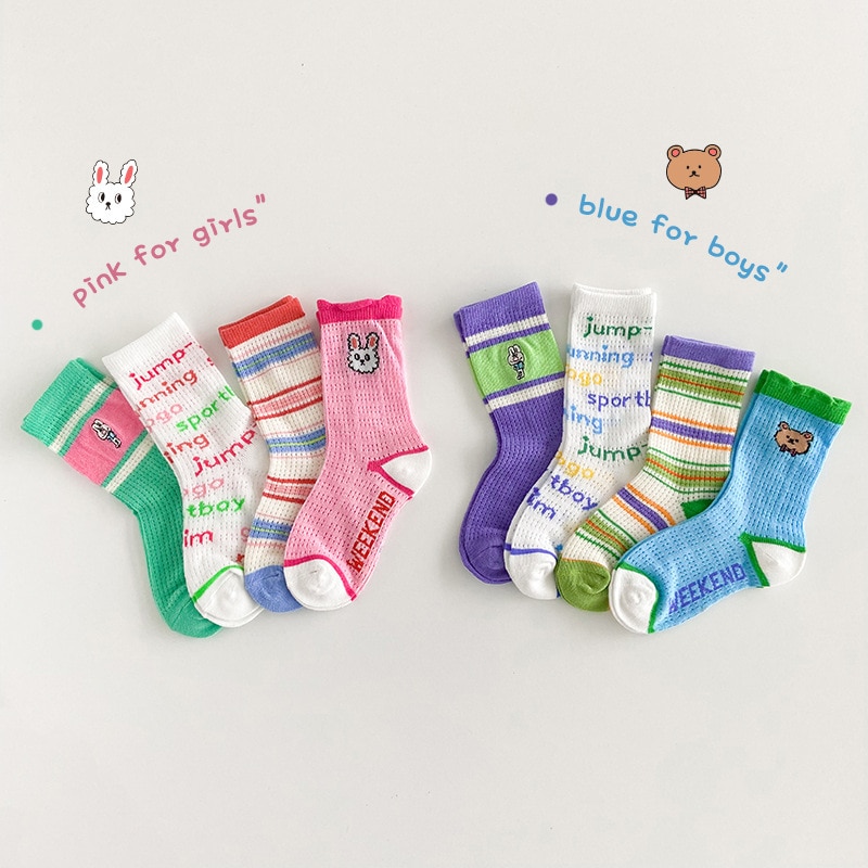 4 pairs of children's socks 2023 letter children's socks cute cartoon mesh socks boys and girls' socks cotton kid