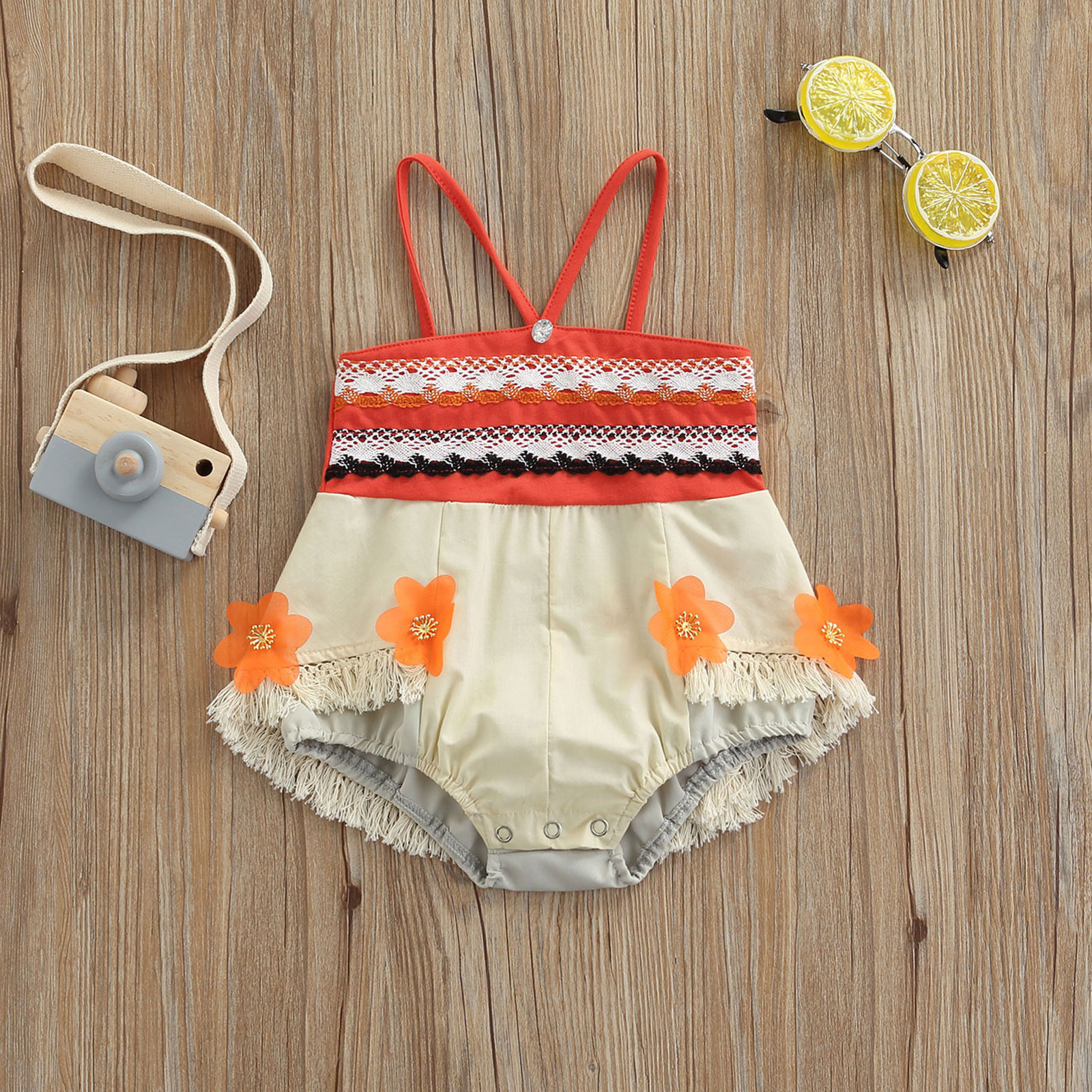 Baby Girls Chic Romper with Flower Decors Apricot Patchwork Off-the-shoulder Sleeveless Jumpsuit 0-24 Months