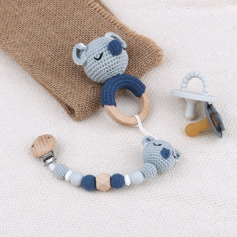 2pcs Pacifier Clip Cute Rattle Teether Infant Crochet Koalas Handbell Toddler Gym Toy Baby Teething Gift Newborn Dropshipping