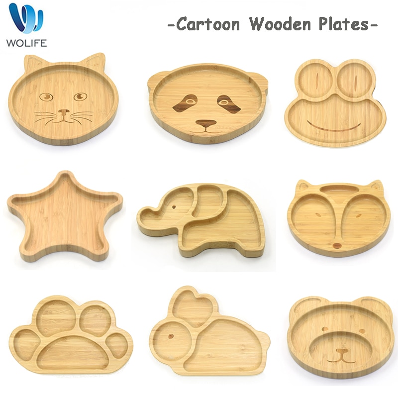 Baby Frog Wooden Dinner Plate Baby Feeding Bowl Children Feeding Tableware With Silicone Suction Cup Wooden Cartoon Dinner Plate