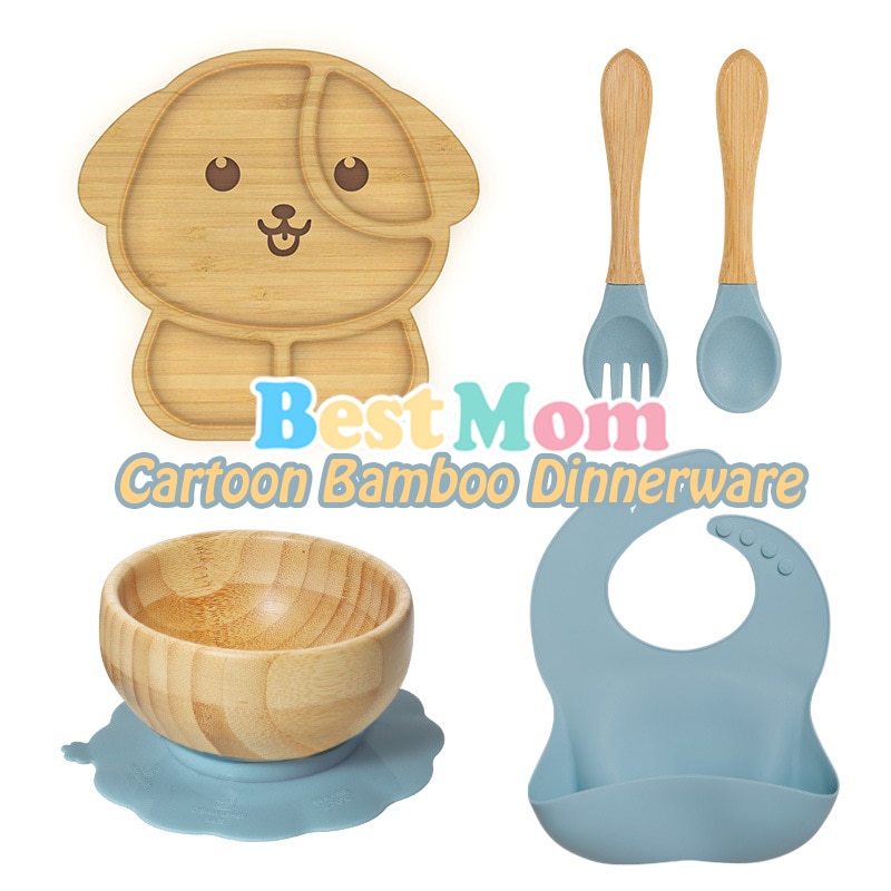 7PCS/Set Baby Stuff Bamboo Tableware Cup Bowl Plate/Tray Bibs Spoon Fork Sets Children Non-slip Feeding Free Dinnerware Dinner