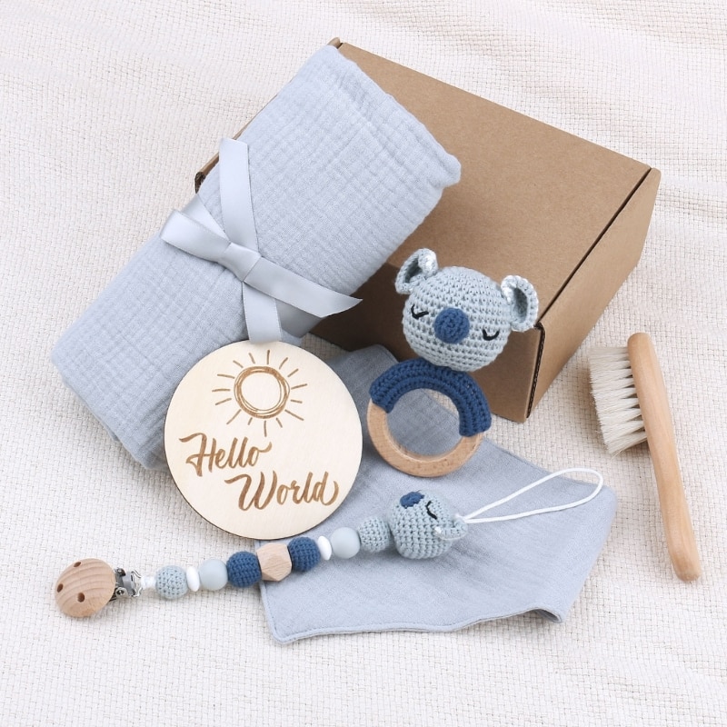 6-in-1 Baby Toy Set for Newborn New Mom Choice Hello-World Wood Plate Baby Blanket Hair Brush Bibs Pacifier-chain Gift A2UB