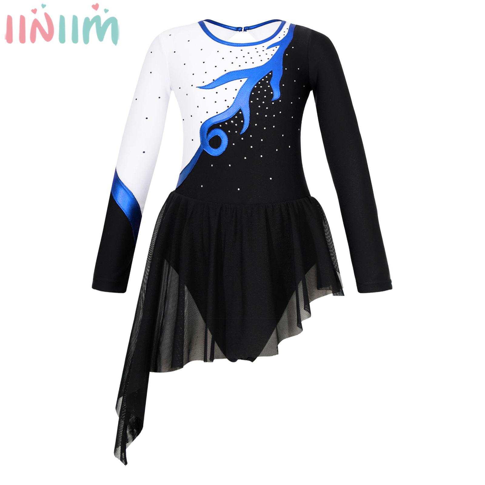 Ballerina Girls Figure Skating Dance Dress Ballet Tutu Gymnastics Leotard Long Sleeve Shiny Rhinestone Performance Dancewear