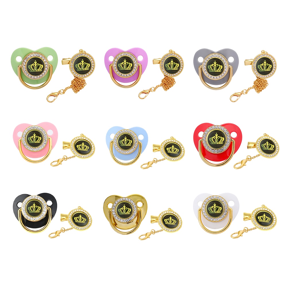 Black Gold Crown Bling Baby Pacifier Clip Baby Shower Gift BPA Free Silicone Infant Nipple Newborn Dummy Soother 0-18M