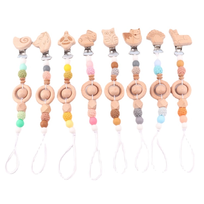 Beech Wood Cartoon Soother Clips Crochet Chewing Beads Pacifier Chain Holder Baby Dummy Clip Attache Tetines Nipple Teething Toy