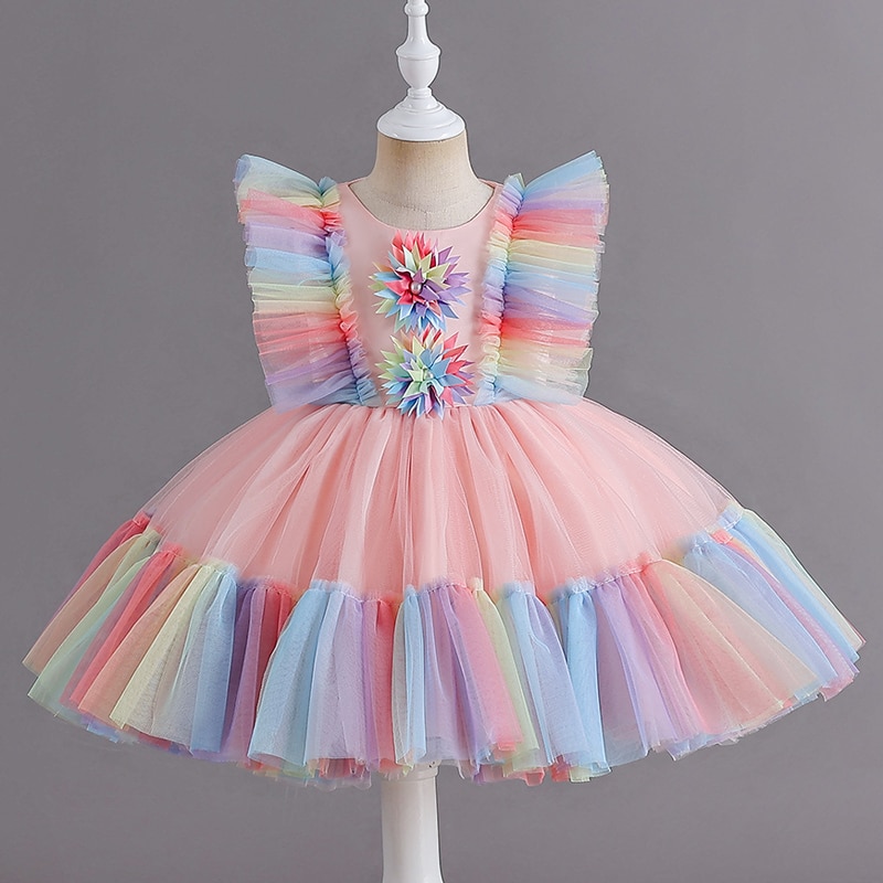 Girl dress flower child princess dress piano performance dress color flying sleeve mesh gauze skirt 6626