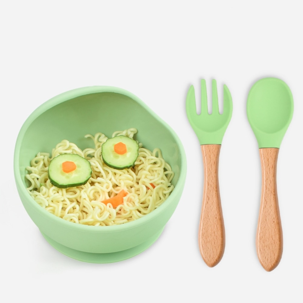 Baby Soft Silicone Spoon Candy Color Safety Baby Learning Wood Fork Non-Slip Spoon Children Kids Boy Girl Food Feeding Tool