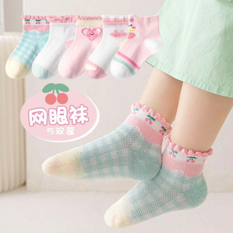 5 Pairs/Set Girls Socks Spring Mesh Thin Bubble Mouth Cartoon Rabbit Cotton Socks Lace Princess Cuhk children's Socks