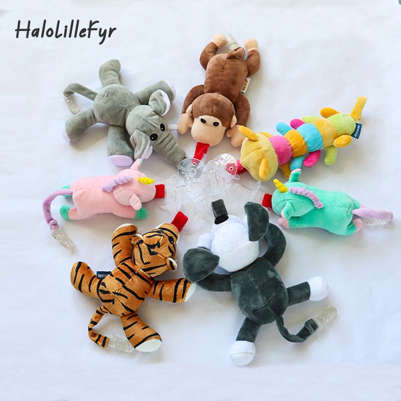 Baby Soothing Animal Toys Cute Cartoon Infant Soft Comfort Stroller Hanging Stuffed Plush Doll with Silicone Pacifier Removable