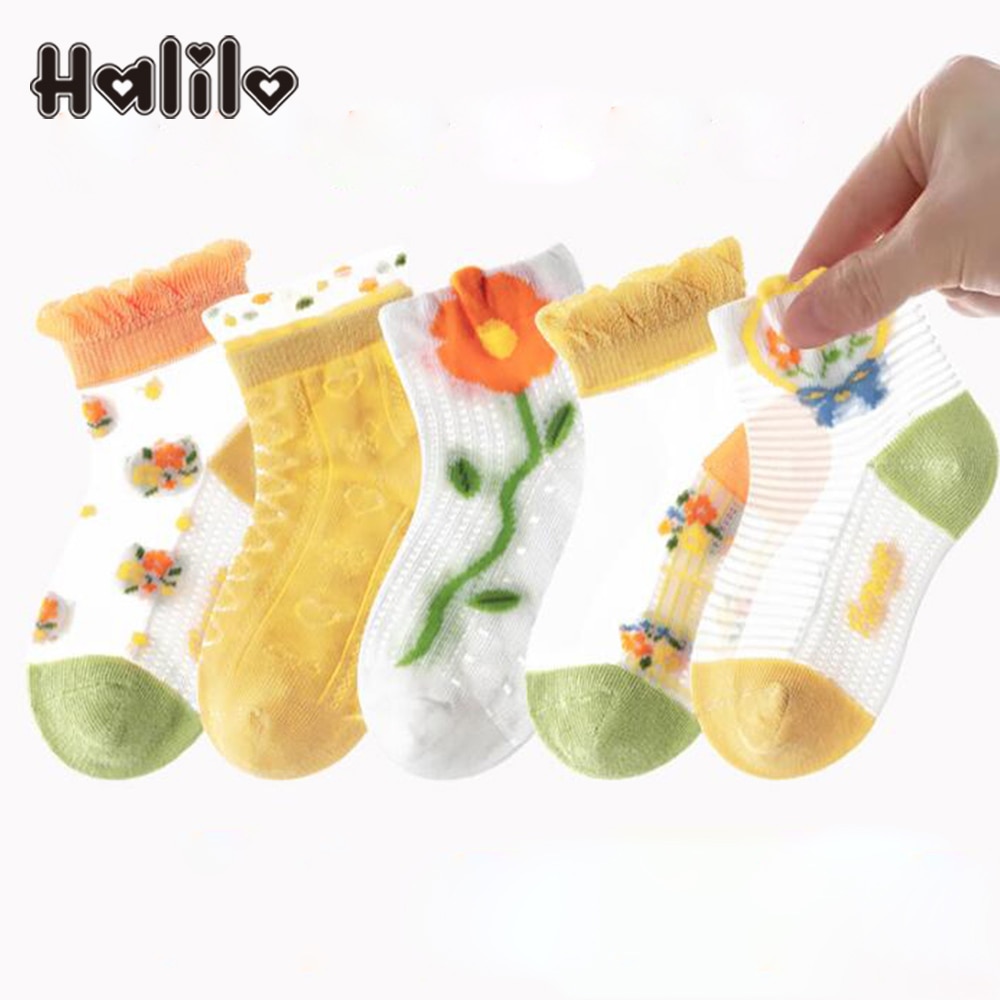 Halilo 5 Pairs/Lot Girls Socks For Kids Mesh Floral Summer Children Accessories